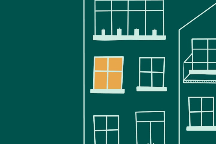 Illustrasjon av en blokk med et vindu som lyser gult.