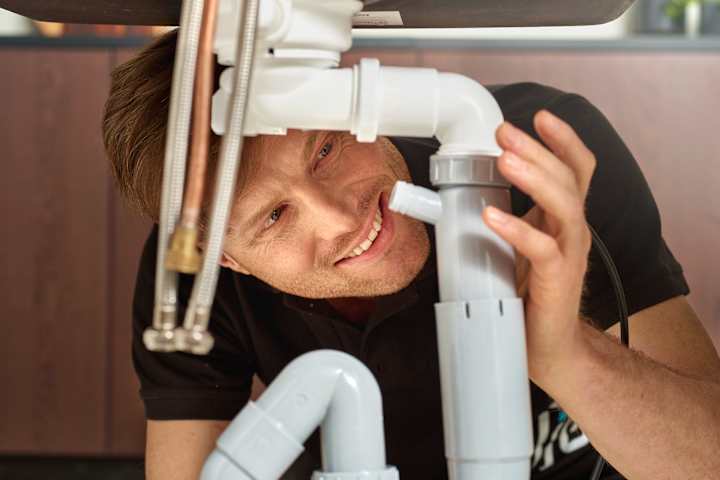 En mann står under vasken og smiler. Han ser på rørene.