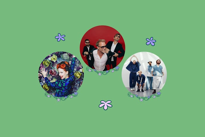 Foto av liten jente med blomsterkrans i en blomstereng som smiler til kameraet.