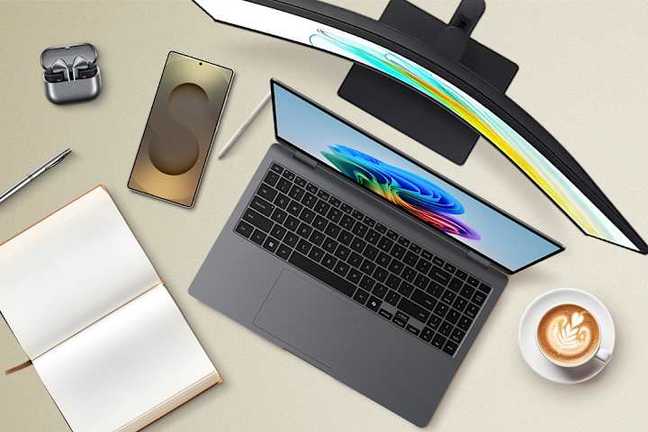 Ulike produkter fra Samsung ligger på et bord. En skjerm, PC, mobil pluss mye mer.