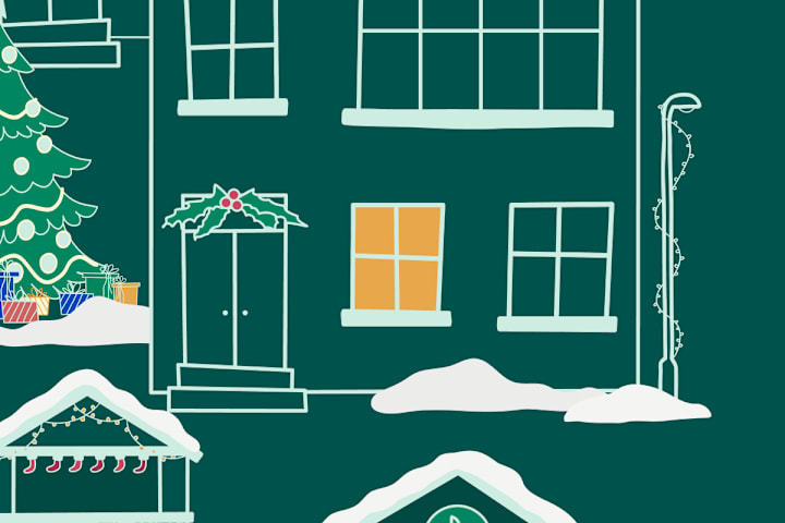 Illustrasjon av et vindu som lyser. Du ser deler av et juletre og en misteltein over døra.