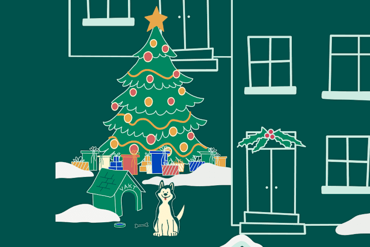 Illustrasjon av et hus. Utenfor står et juletre som lyser og det er pakker under. I tillegg er det et hundehus med en hund foran.