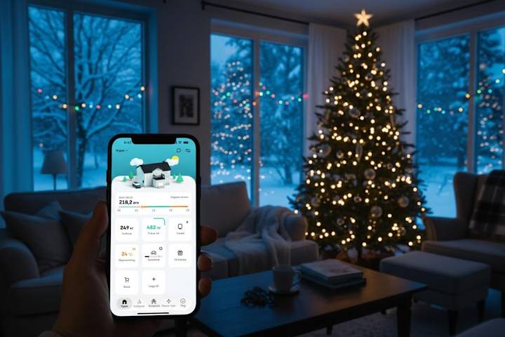 En hånd holder Tibber-appen. I bakgrunnen står det et jueltre.