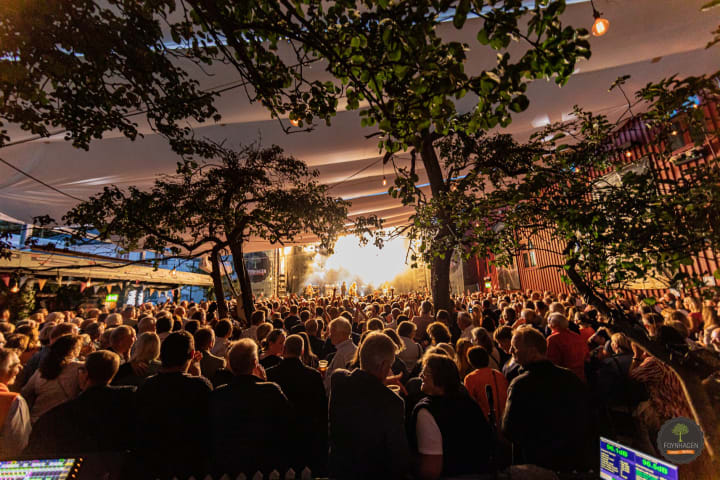 Foto av publikum som står ved Foynhagen sin scene på kvelden