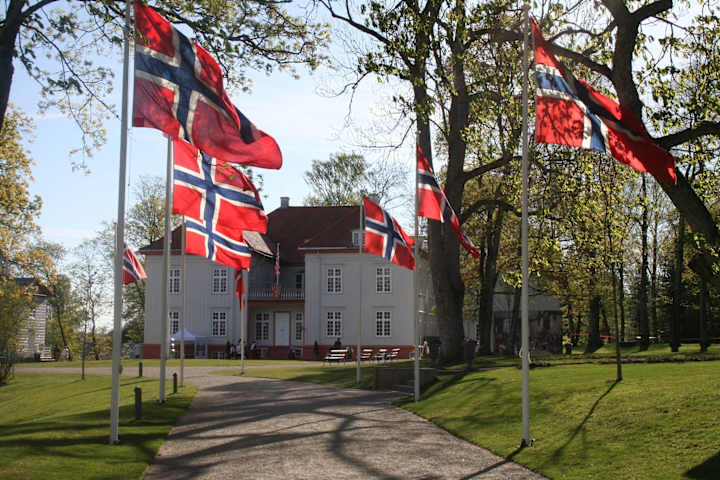Foto av Eidsvoll plass med grønt gress og flere norske flagg som er heist i flaggstenger.