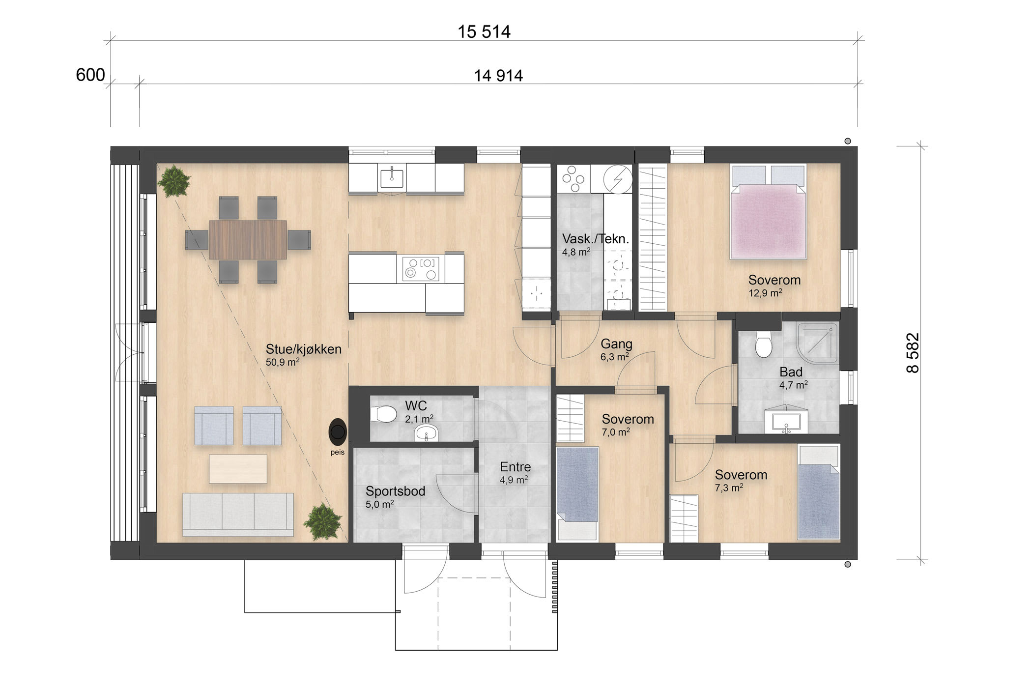 Dette huset har alle funksjoner på ett plan med tre soverom, to bad, eget vaskerom og åpen stue- og kjøkkenløsning med kjøkkenøy.