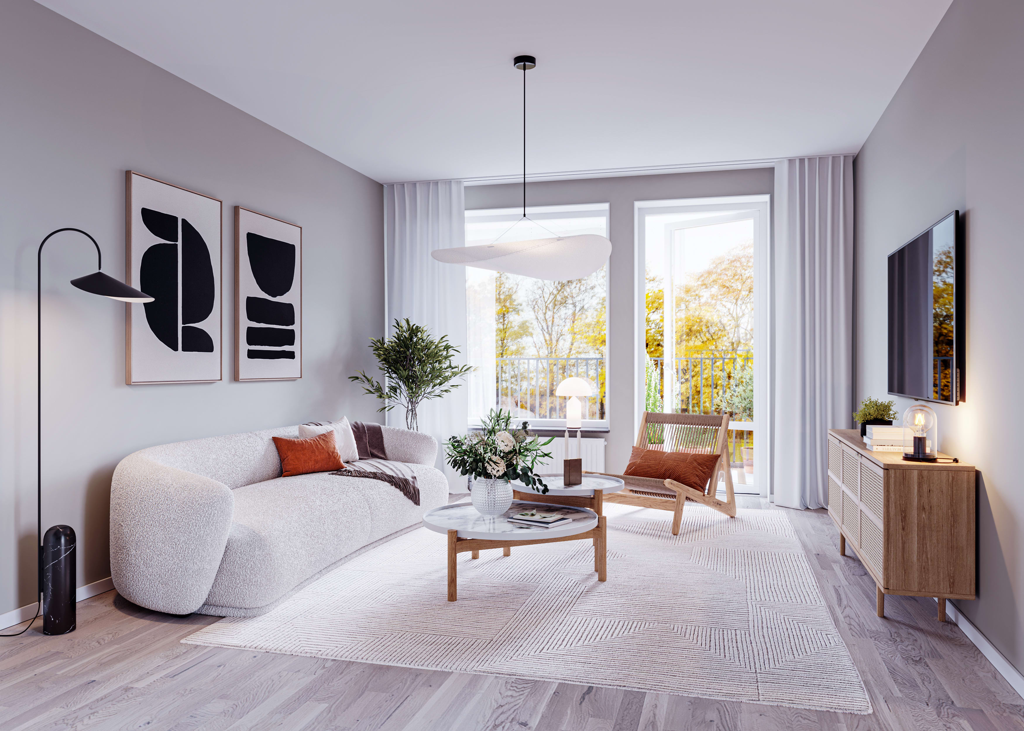 Ljust och trevligt vardagsrum i designlinje ”Höst” med vitlaserat golv och ljusgrå väggar. Fönsterdörr ut till balkong för maximalt ljusinsläpp (visionsbild).