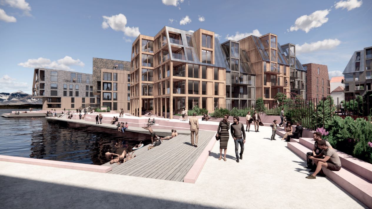 Illustrasjon av Nøstegaten i Bergen, slik OBOS ser for seg at den kan bli. Tegnet av Mad arkitekter.