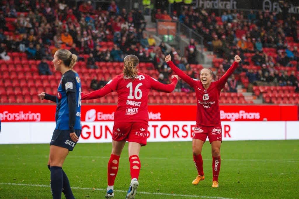 Foto av to SK Brann spillere som jubler på fotballbanen.