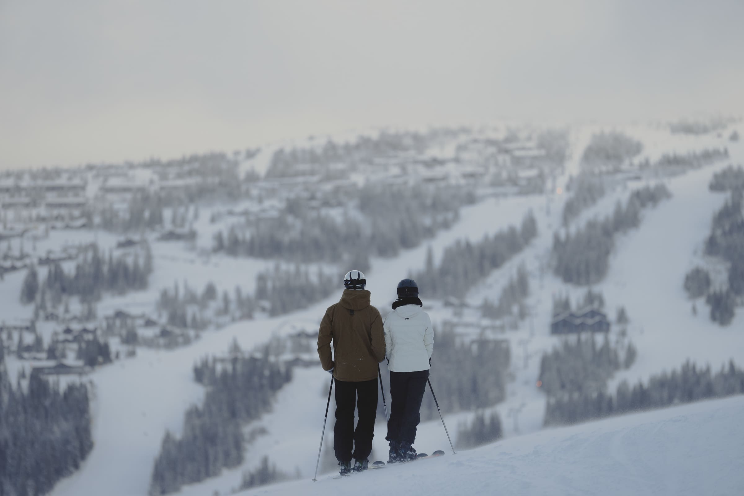 To personer skuer utover fjellet. De har ski på beina.