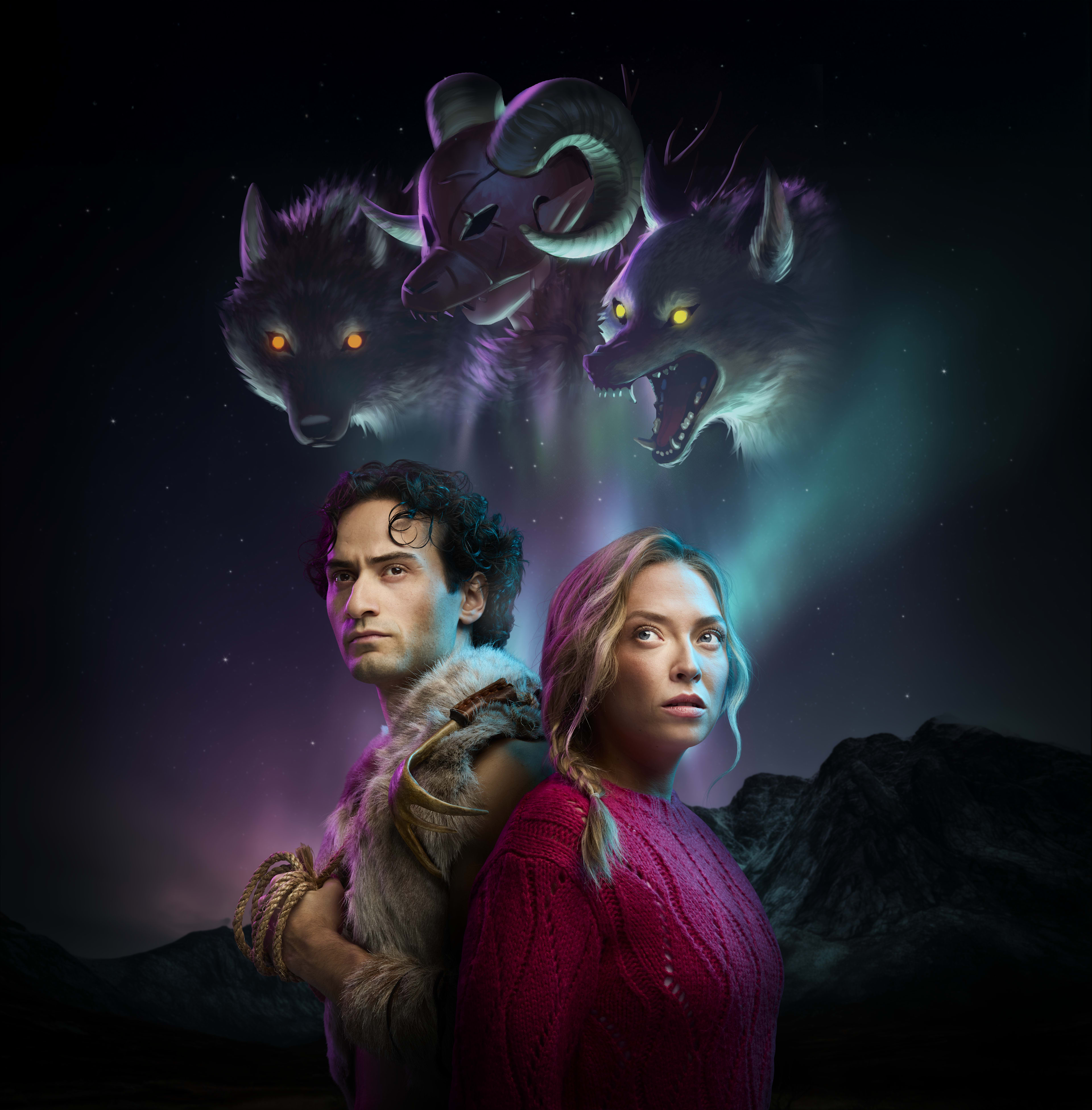 Illustrasjon med en mann og en dame står under Nordlyset. I Nordlyset er det to ulver med lysende øyne.