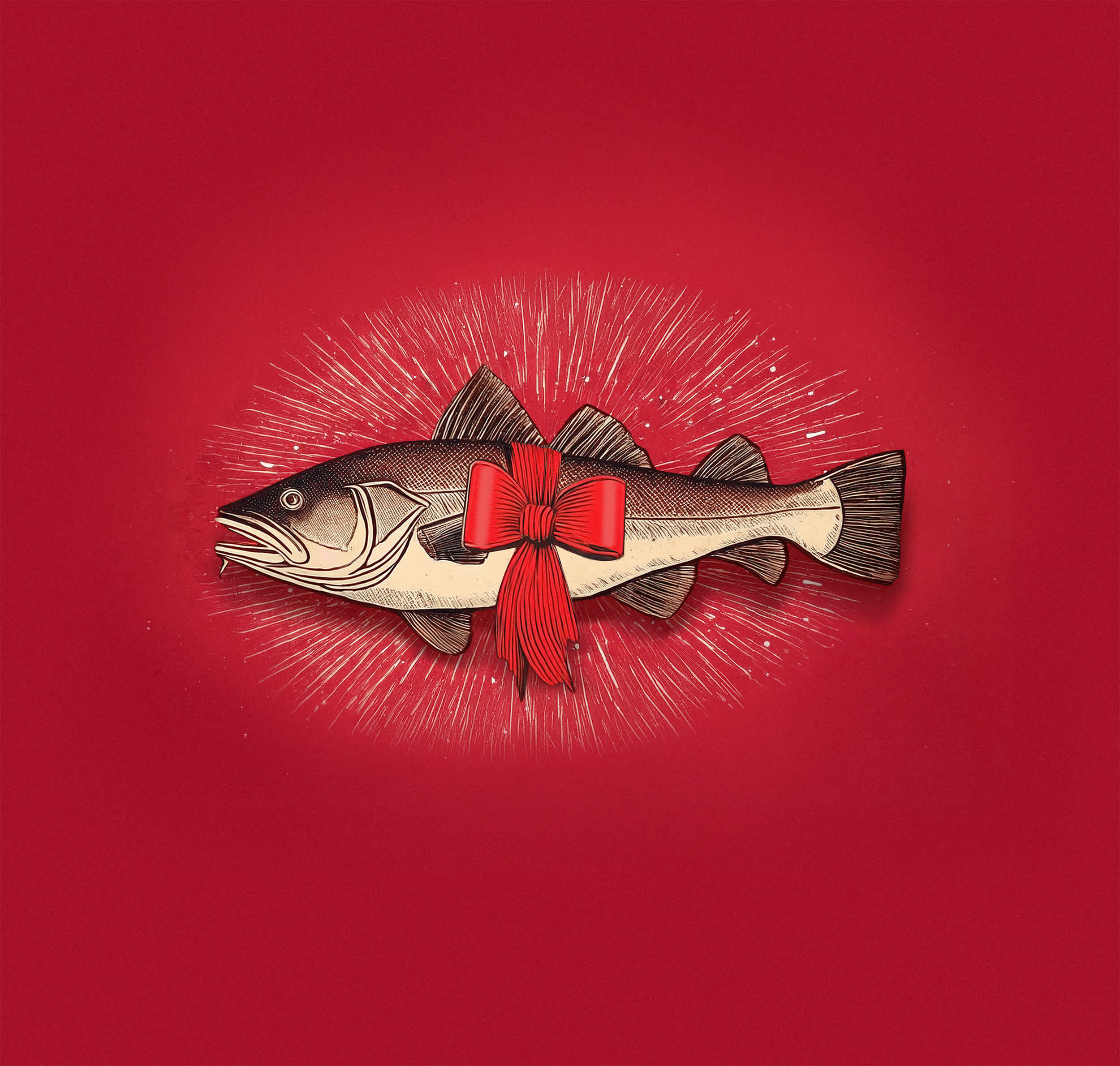Illustrasjon av en fisk med rød julesløyfe.