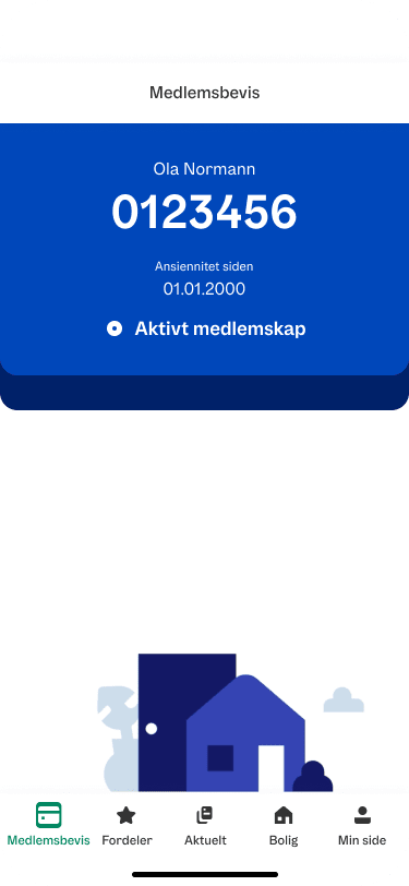 I toppen er det en blå boks som viser medlemsnummeret tydelig. Under er det ikoner av hus.