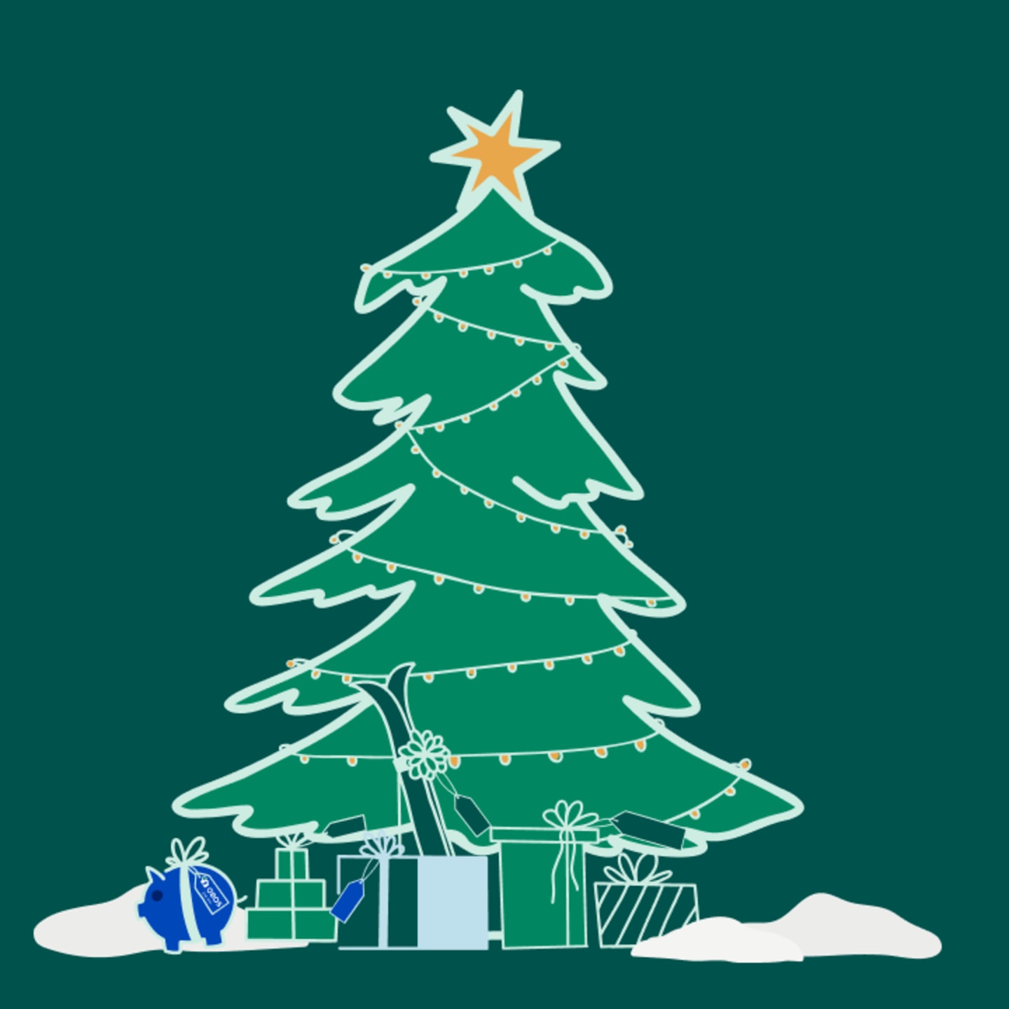 Illustrasjon av et grønt juletre med pakker under og en gul stjerne i toppen.