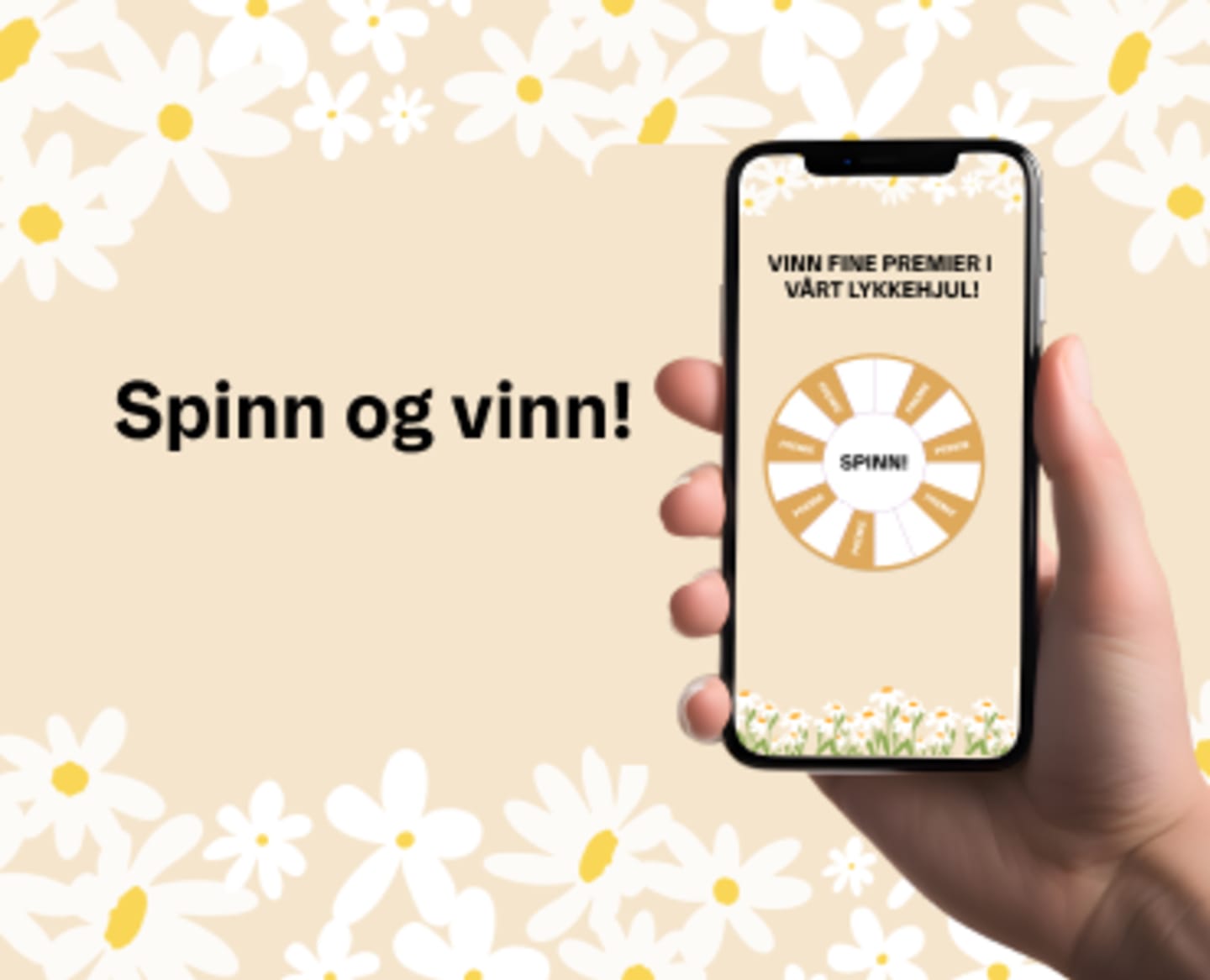 En hånd som holder en mobil som viser lykkehjul med teksten spinn og vinn ved siden av