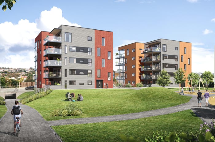 Illustrasjon av utsiden av leilighetene og uteområdene på Sørbøhagane BB13