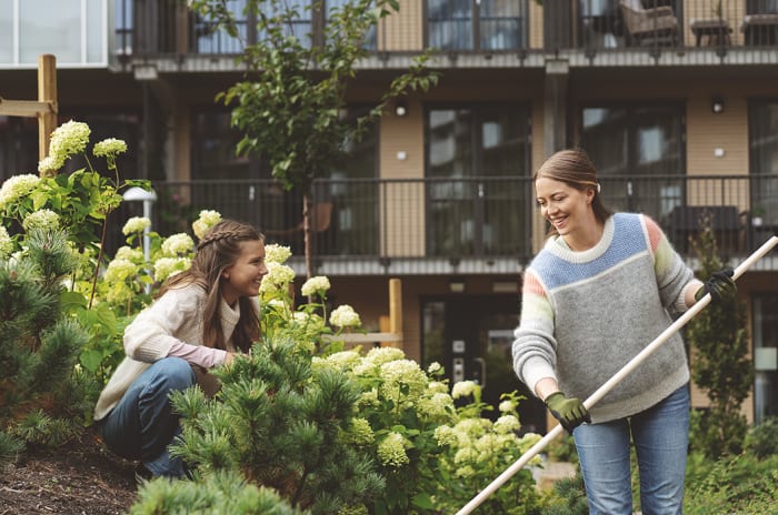 Mor og datter raker og luker i blomsterbed på Ulven.