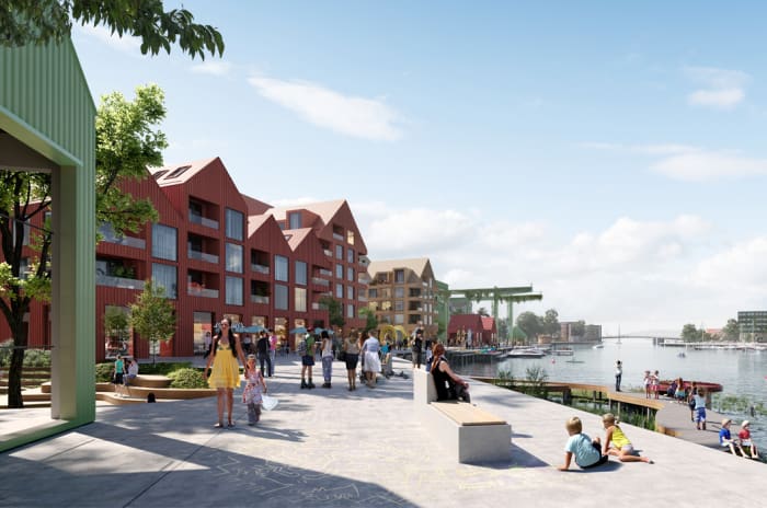 Slik ser man for seg at Scanrope-tomten kan bli seende ut. Dyrvik Arkitekter og Atsite Landskapsarkitektur står bak plangrepet og utviklingsprosjektet som man har lagt til grunn i det videre arbeidet med tomten. Illustrasjon: Tegmark 