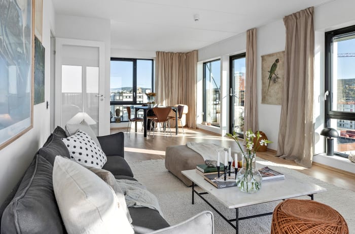 Åpen stue- kjøkkenløsning med sofasone og spisestue i en leilighet i Ulven T