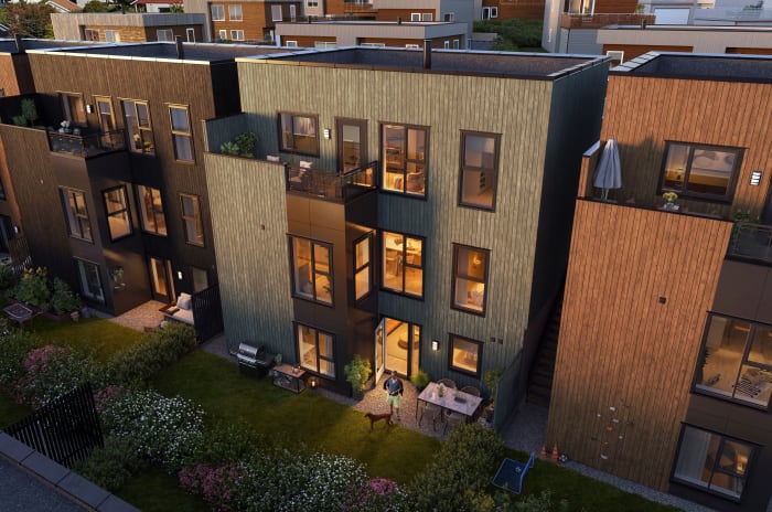 Illustrasjon av fasade på enebolig, hus 4b, sett fra hagesiden, i Dynjarbakken