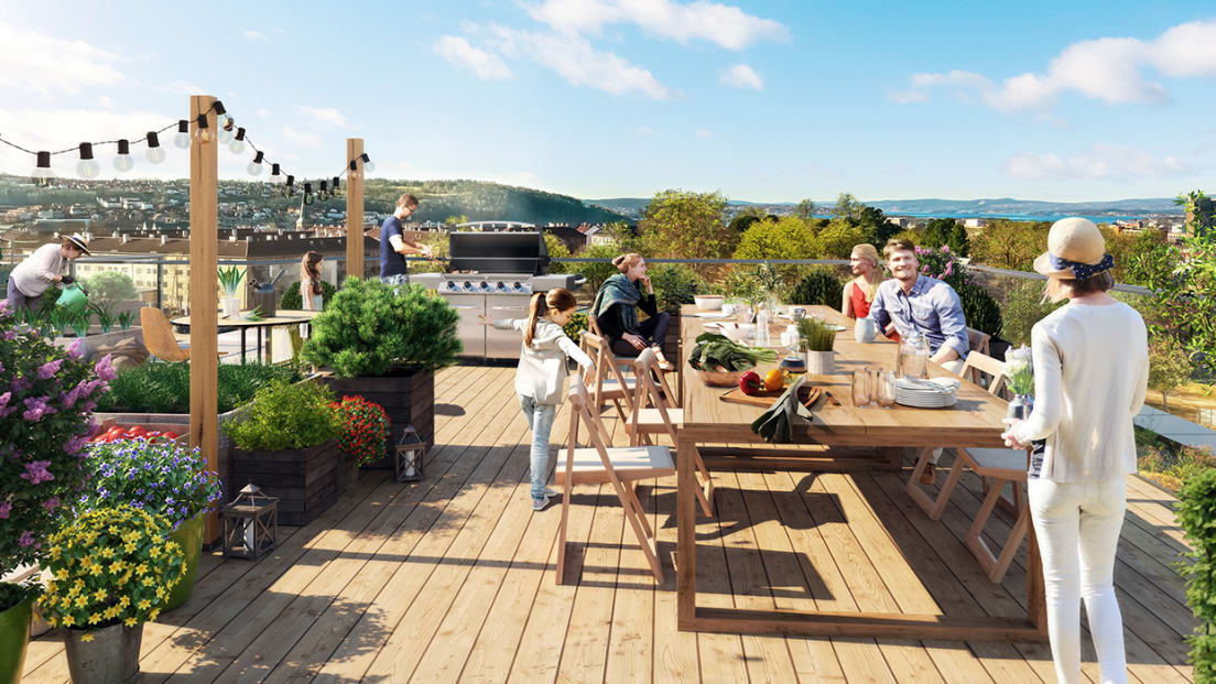Illustrasjon av en takterrasse i boligprosjektet Livlig.
