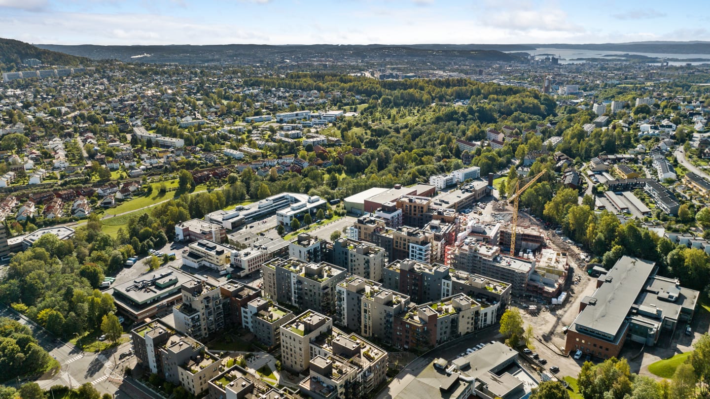 Dronebilde av prosjektområdet på Frysja