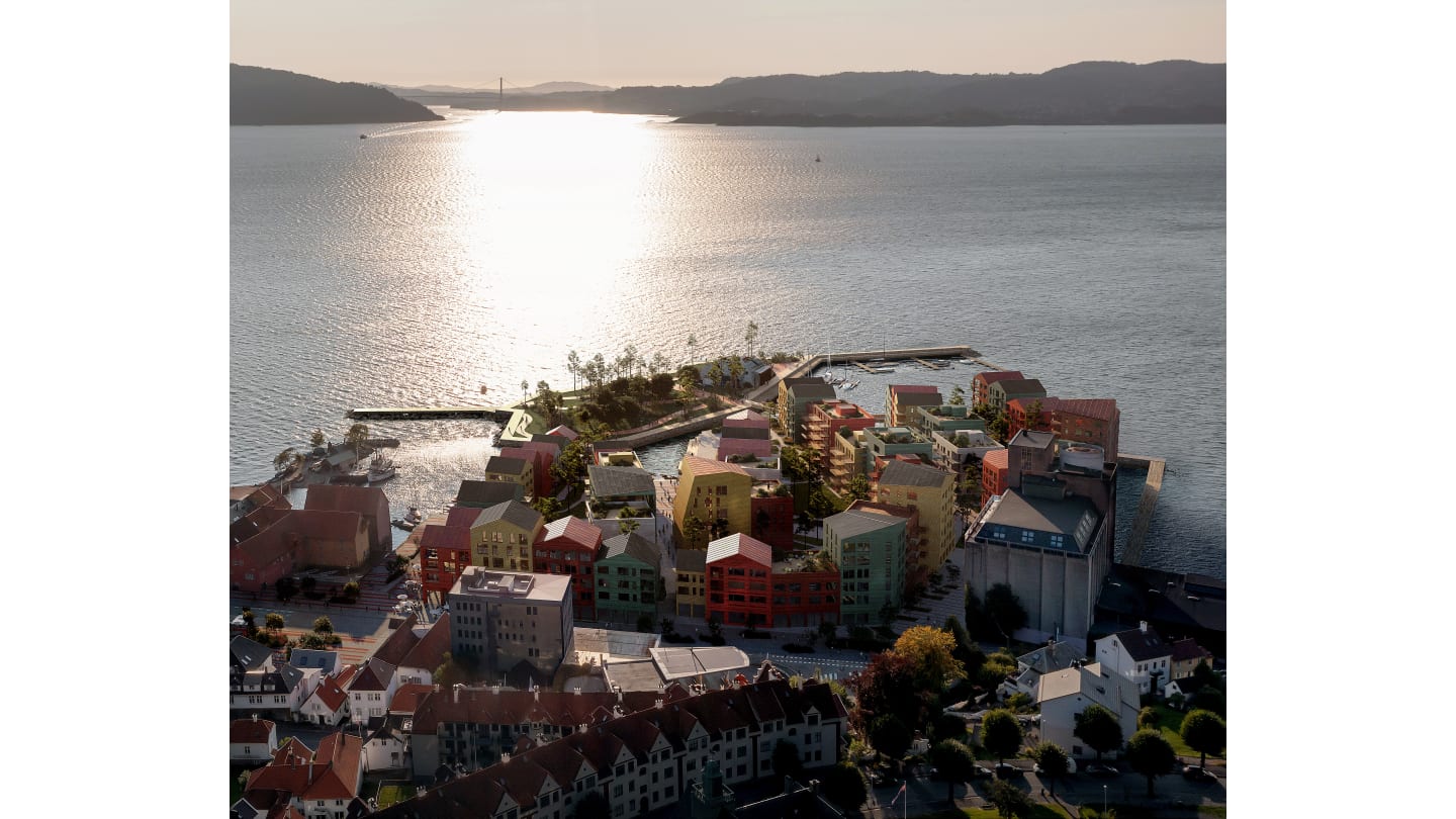 Illustrasjon av boligprosjektet Kristiansholm i solnedgang.