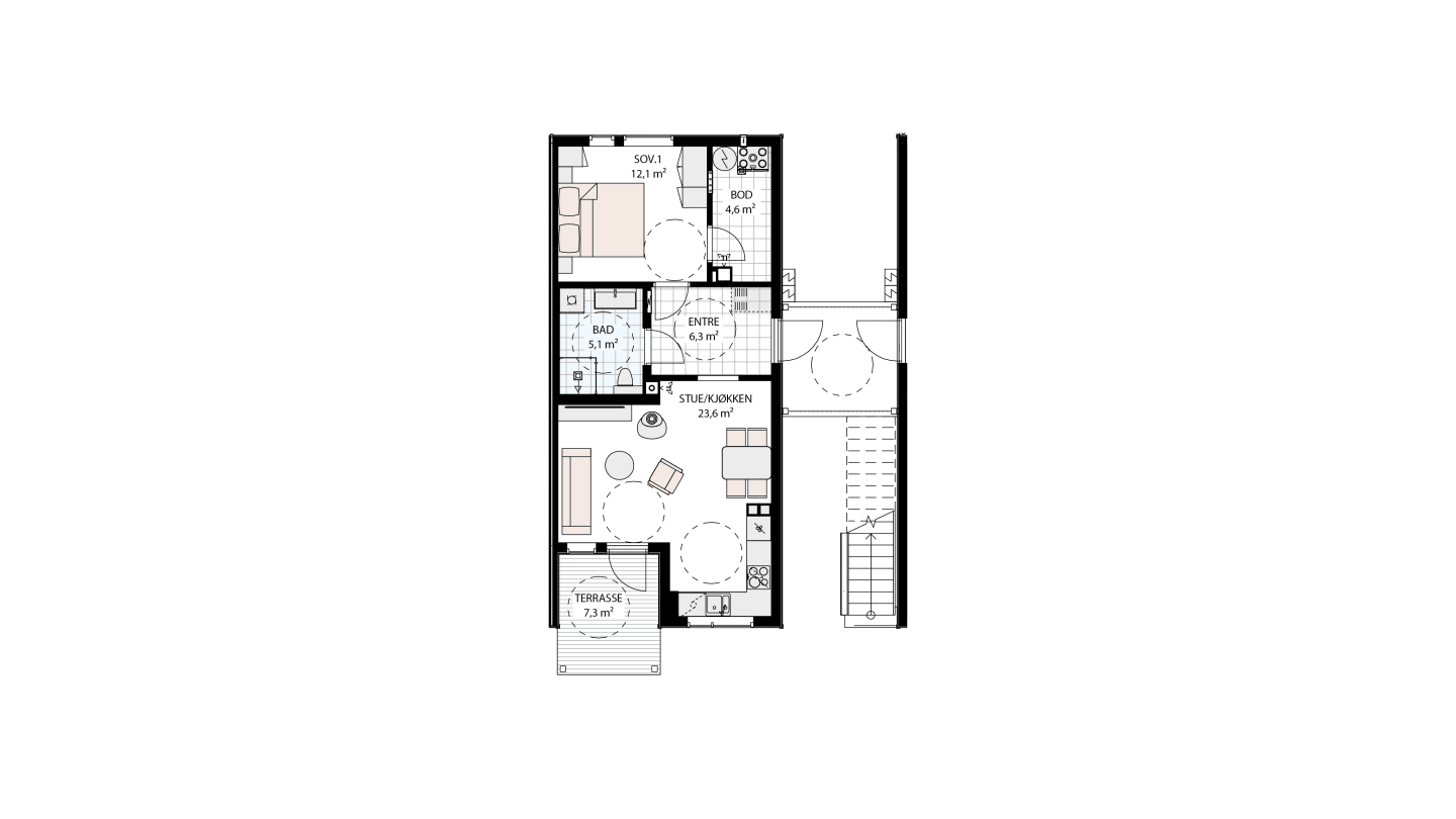 Leiligheter 2-roms. Plantegning viser bolig nr. 02 i hus 1. Boliger med lik planlanløsning, bare speilvendt: Hus 2 - bolig nr. 01 og 03 og Hus 3 - bolig nr. 02 og 04. Bolig nr. 03 i hus 2 får innglasset balkong. Leilighetene i 2. etasje får ikke fliser i entrèen. Mindre avvik kan forekomme. 