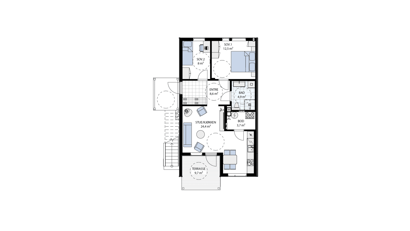 Leiligheter 3-roms. Plantegning viser bolig nr. 01 i hus 1. Boliger med lik planløsning, bare speilvendt: Hus 2 - bolig nr. 02 og 04 og Hus 3 - bolig nr. 01 og 03. Bolig nr. 04 i hus 2 og bolig nr. 03 i hus 3 får innglasset balkong. Leilighetene i 2.etasje får ikke fliser i entrèen. Mindre avvik kan forekomme.