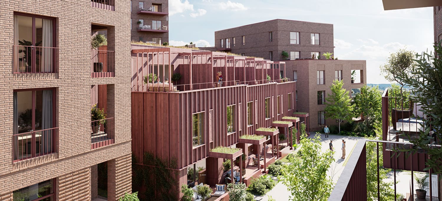 Illustrasjon av fasaden og gårdsrommet til boligprosjektet Nansenløkka, sett fra balkong på dagtid.