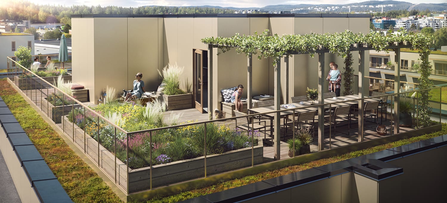 Takterrasse med sittegrupper og blomsterkasser i hus E i MIDT.