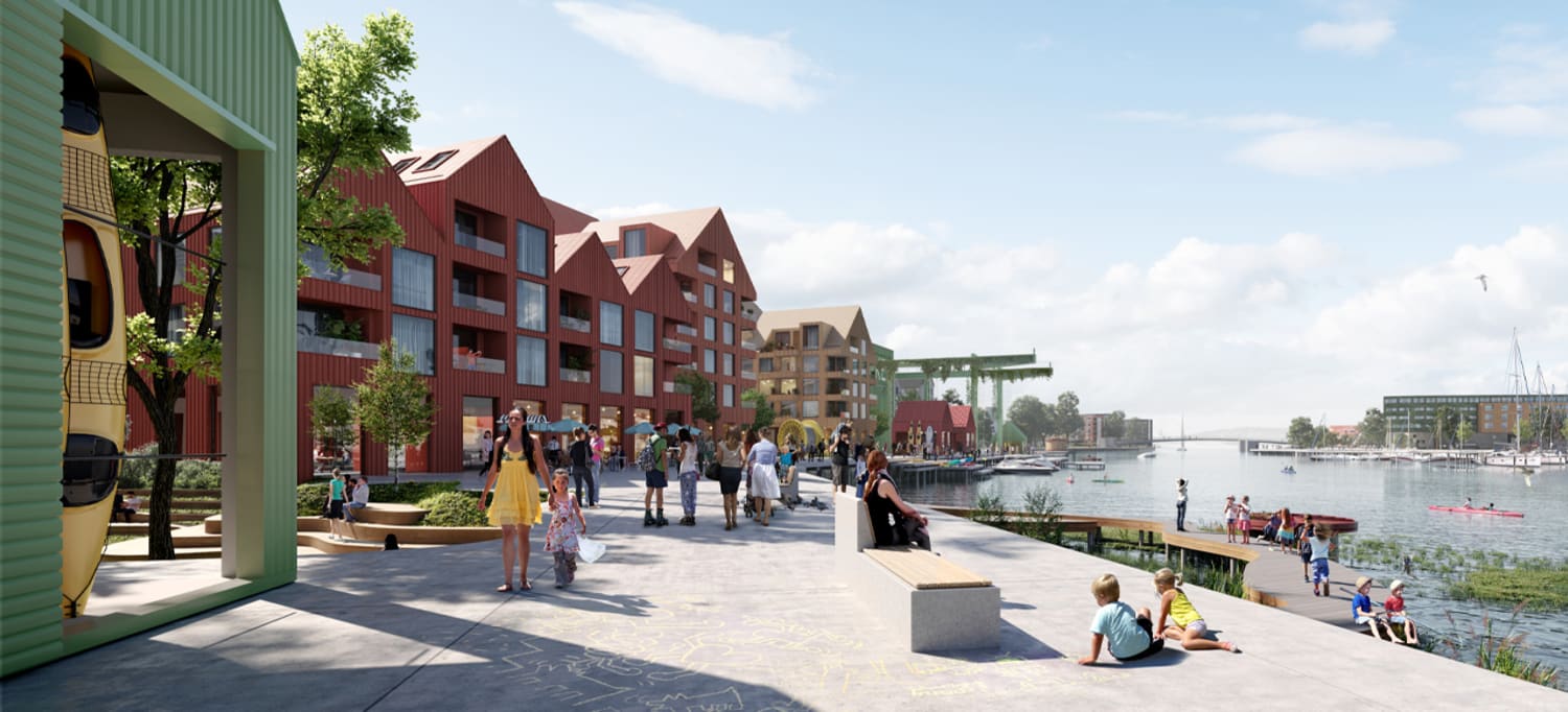 Slik ser man for seg at Scanrope-tomten kan bli seende ut. Dyrvik Arkitekter og Atsite Landskapsarkitektur står bak plangrepet og utviklingsprosjektet som man har lagt til grunn i det videre arbeidet med tomten. Illustrasjon: Tegmark 