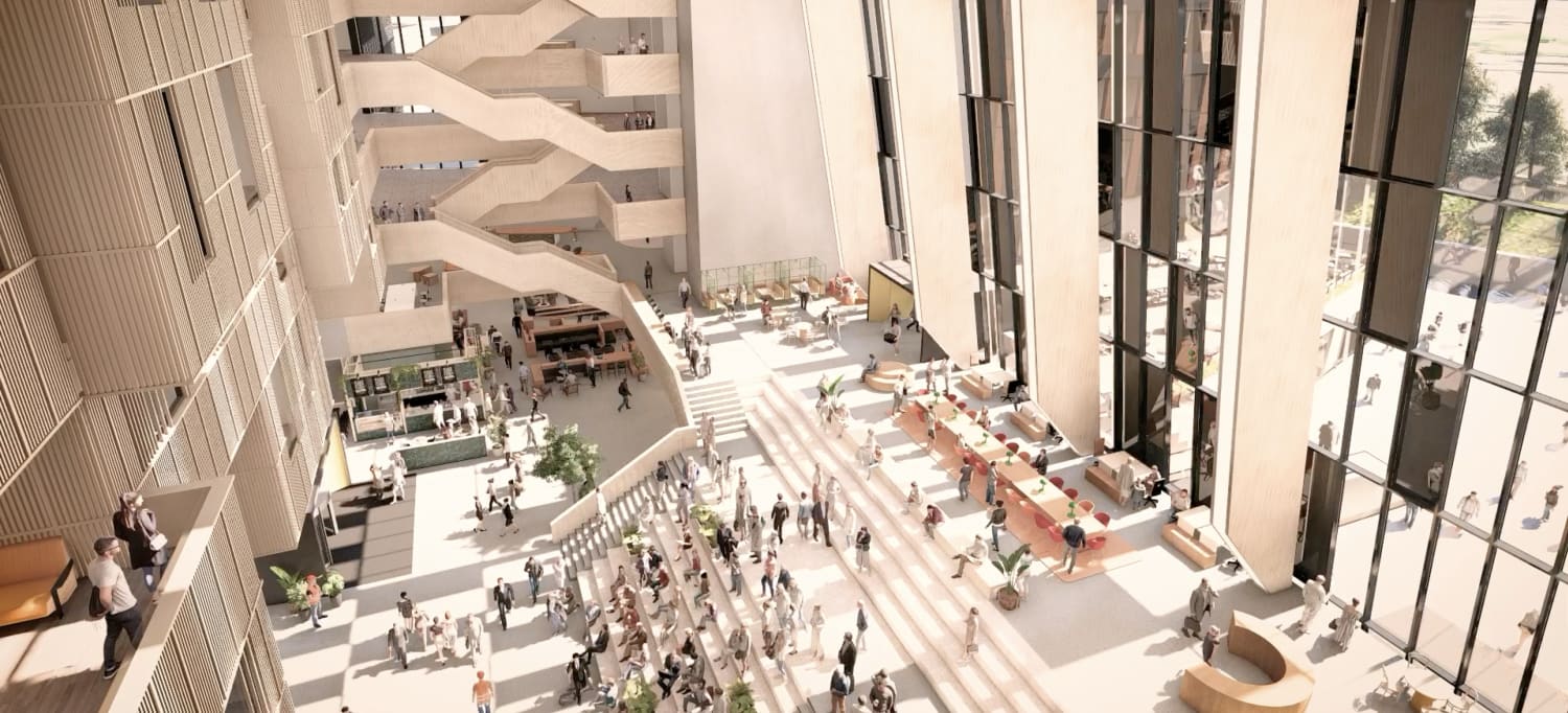 Illustrasjon av lobby full av mennesker på Construction City på Ulven.