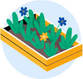 Illustrasjon av blomsterkasse med gule og blå blomster