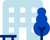 Illustrasjon av en blå boligblokk med et blått tre og benk foran.