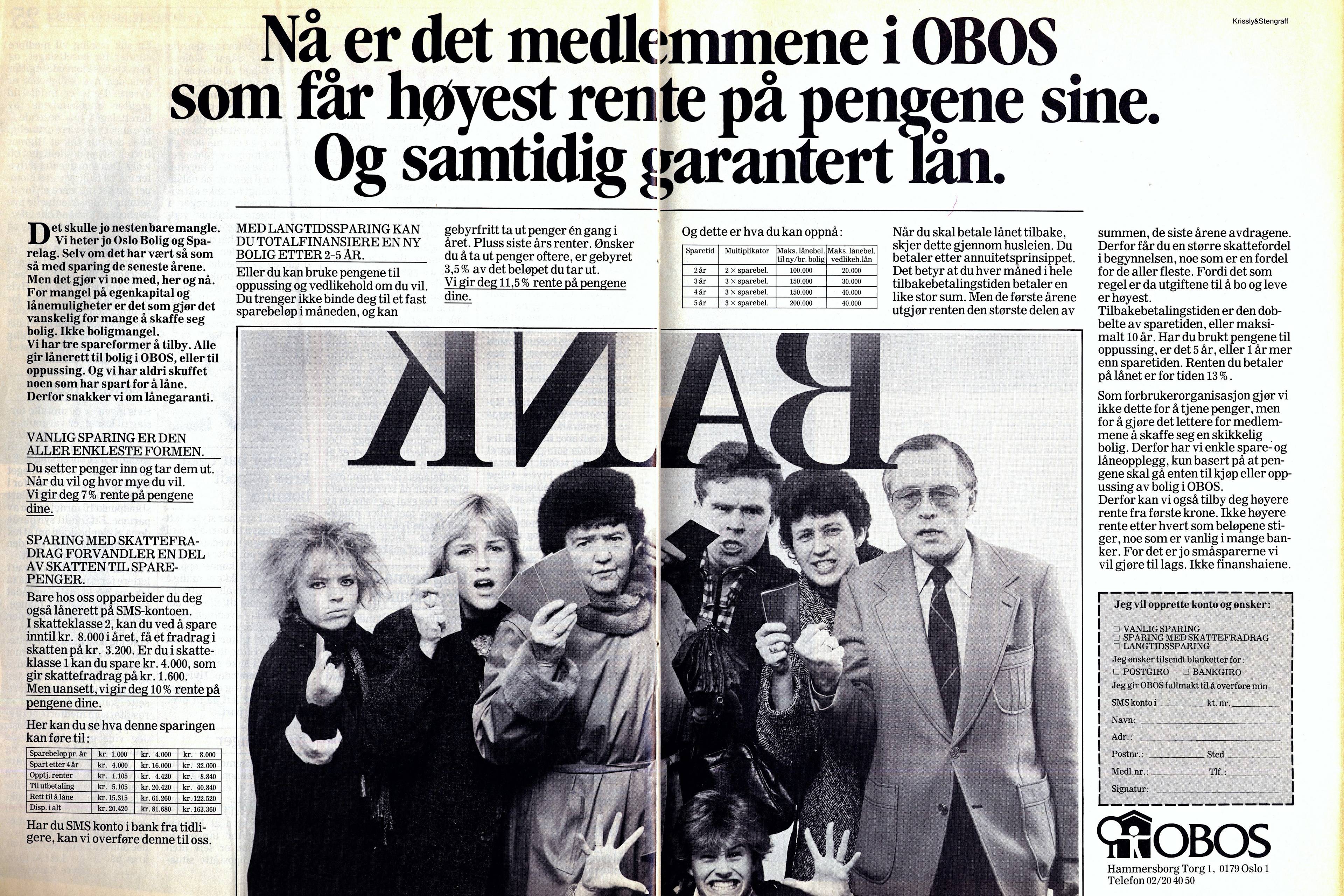 Faksimile av en annonse for lån og sparing fra 80-tallet