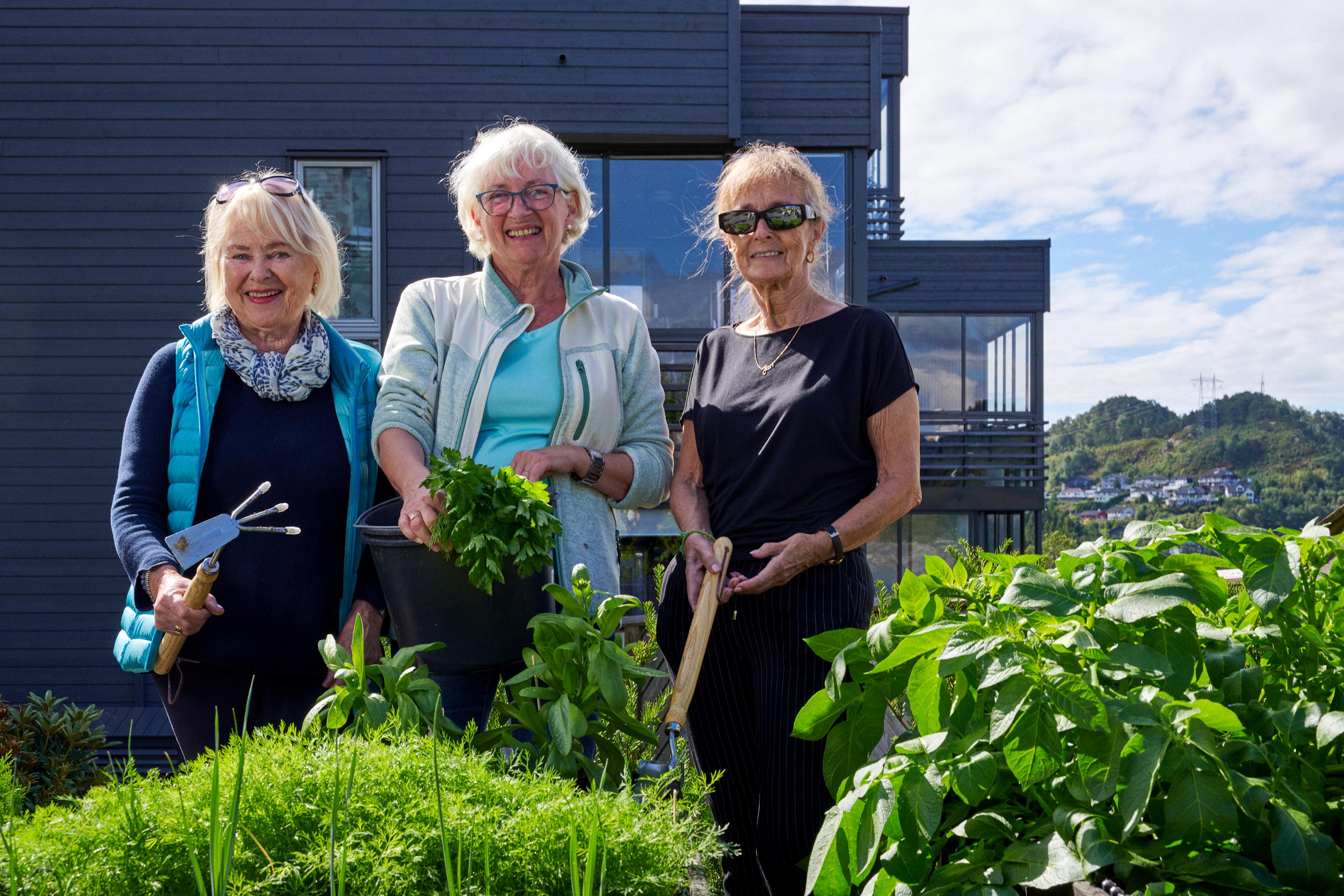Tre damer står utenfor et sameie og holder på med plantene de har dyrket.