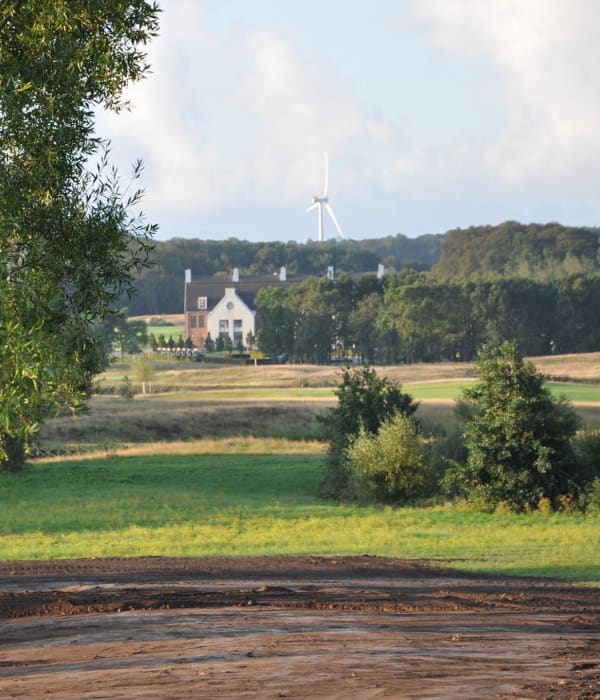 Solig dag över grönt landskap med träd, åkrar och hus i bakgrunden
