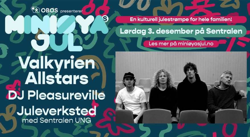 Miniøya jul poster med bilde av artister og logo.