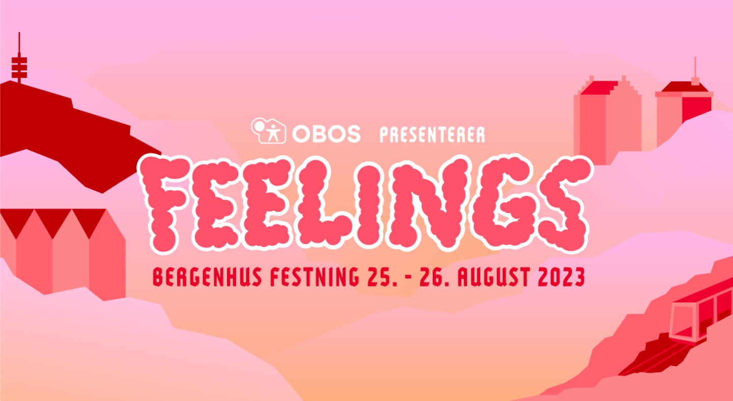 Banner med teksten: OBOS presenterer Feelings. Bergenhus festning 25.–26. august 2023.