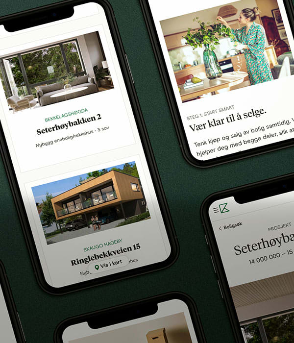 Bilde av Krogsveen sin app på flere telefoner.
