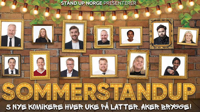 Illustrasjonsbilde av alle komikerne som har forestilling sommeren 2023. De henger i hvert sitt ramme på en vegg.