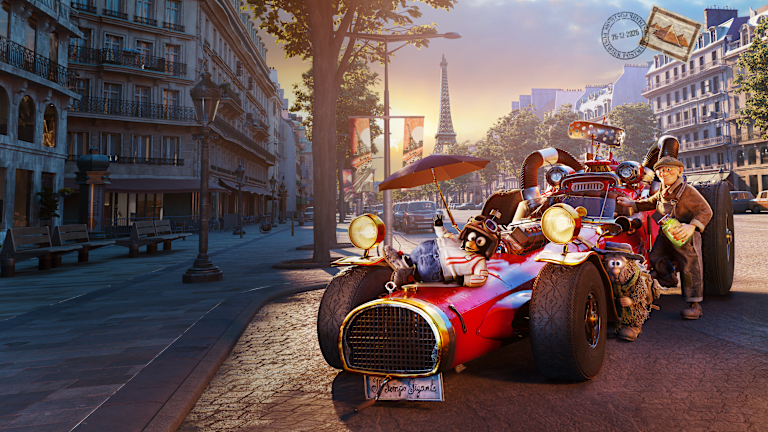 Solan, Ludvig og Reodor på deres iltempo Gigante. De står i en gate i Paris.