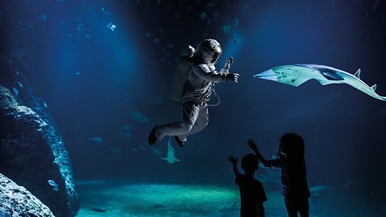 Bild på person i rymddräkt i akvarium