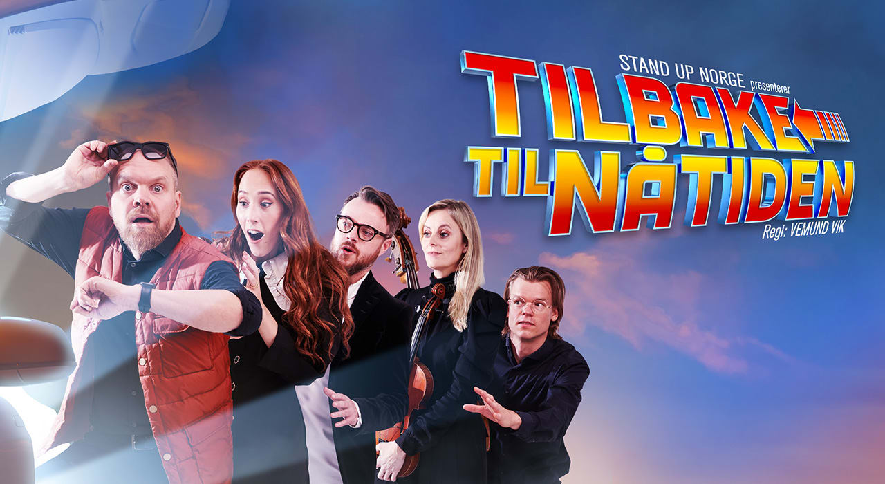 Jon Niklas Rønningen og fire andre personer står bak hverandre. Ser ut som de står i lufta og er overrasket. Showet de presenterer heter Tilbake til nåtiden.