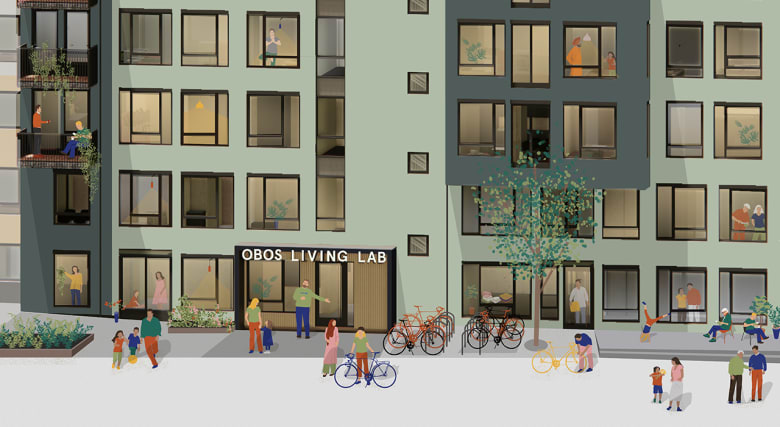 Illustrasjon av fasade og inngang til Obos Living Lab.