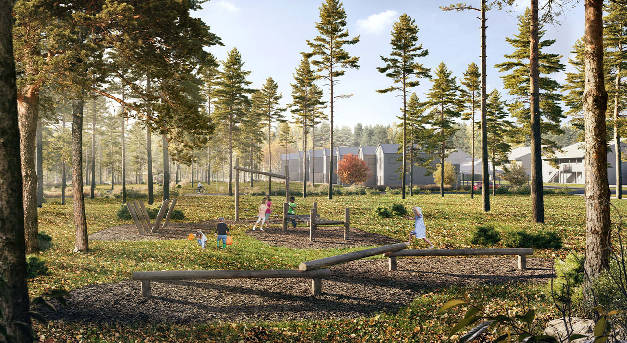 Illustrasjon av liten lekeplass med barn som leker på Bergermoen park