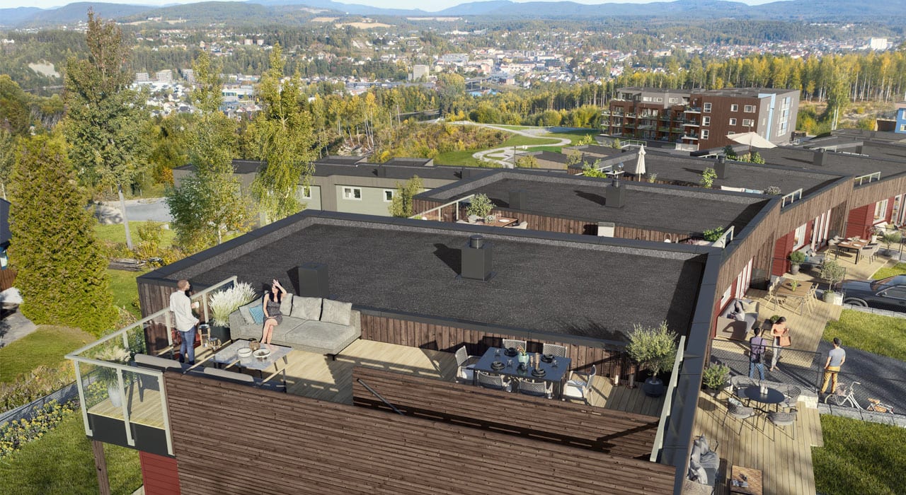 Terrasse og utsikt fra eneboligene på Tanberglia