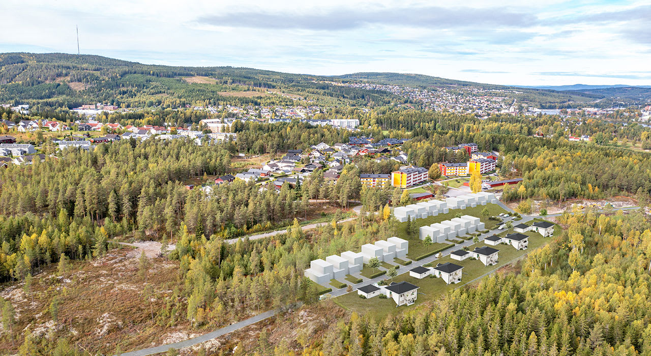 Illustrasjon av boligfeltet med oversikt over nærområdet på Langerudberget