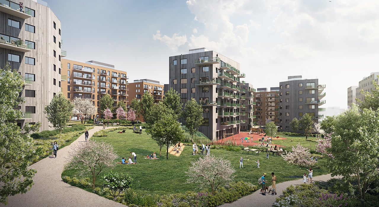 Illustrasjon av et uterom med grønn park og beplantning foran fasaden til boligprosjektet Løren botaniske